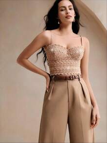 Anewsta Elegant French Lace Rhinestone Embellished Fitted Camisole, Sexy Open Back Spaghetti Strap Top - Apricot - View 4