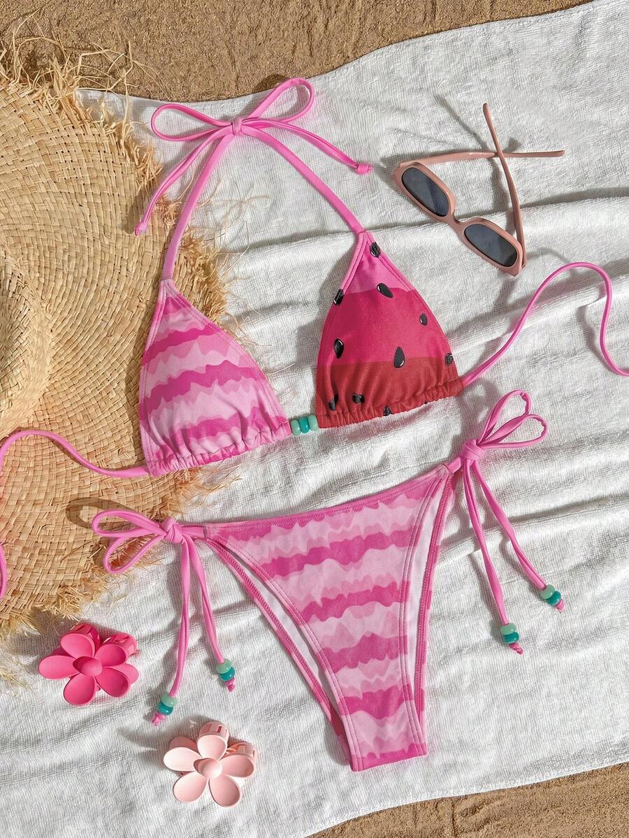Swim Mod 女款粉紅與紅色泳裝套裝,適合海灘度假、假期、夏季熱帶圖案風格 - 紅色 - 查看 1