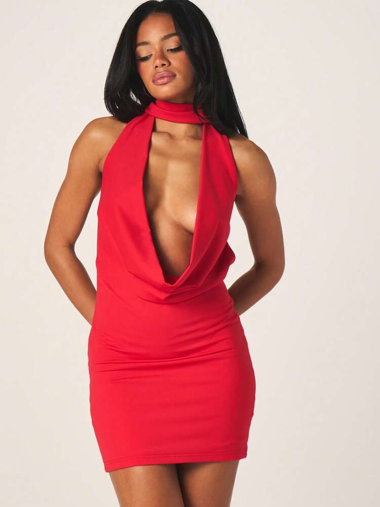 MISSGUIDED Red Plunge Cowl Neck Halter Mini Dress