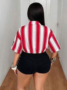 Maweii 大码女式夏季休闲翻领衬衫，适合日常、聚会和度假穿着 - 紅白色 - 查看 3