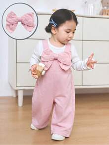 SHEIN Bộ áo liền quần dáng rộng bằng vải denim màu xanh dương điểm nhấn nơ 3D cho bé gái. - Hồng - Xem 7
