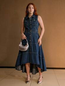 MOTF PREMIUM GAUN DENIM TANPA LENGAN DENGAN HEM ASIMETRIS UNTUK WANITA UKURAN BESAR, UNTUK KEHIDUPAN SEHARI-HARI/KENCAN, MUSIM SEMI/PANAS - Biru - View 3