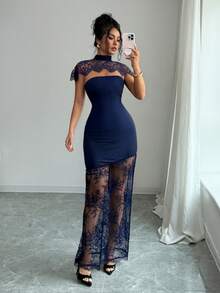 SHEIN Elenzya Elegant Solid Color Lace Patchwork Summer Dress - Navy Blue - View 7