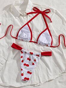 Bonvoyette New Cherry Print Contrast Trim Bikini, Sexy Backless Beach Holiday Swimsuit 2 Pieces Set, Spring/Summer - Multicolor - View 2