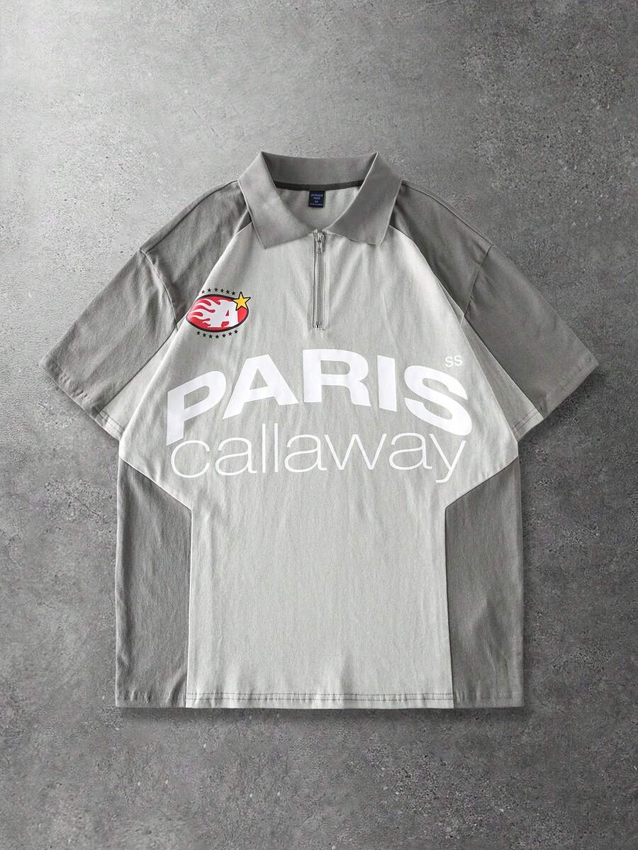 ROMWE MEN Street Life Men's Contrast Color Patchwork Letter Print Polo Shirt - Grey - View 1