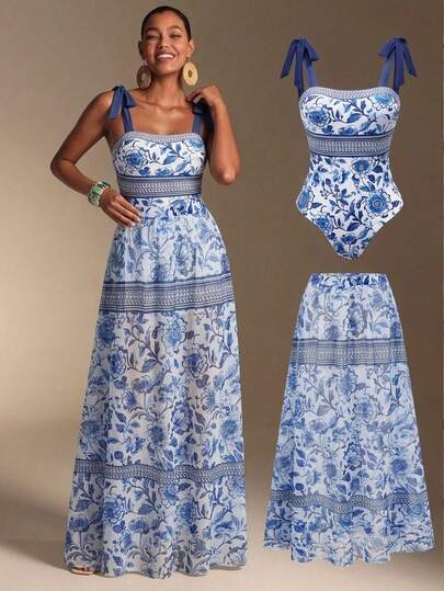 Swim Oasis Conjunto de traje de baño de una pieza con estampado floral y pareo a juego, estilo BOHO para vacaciones de primavera/verano