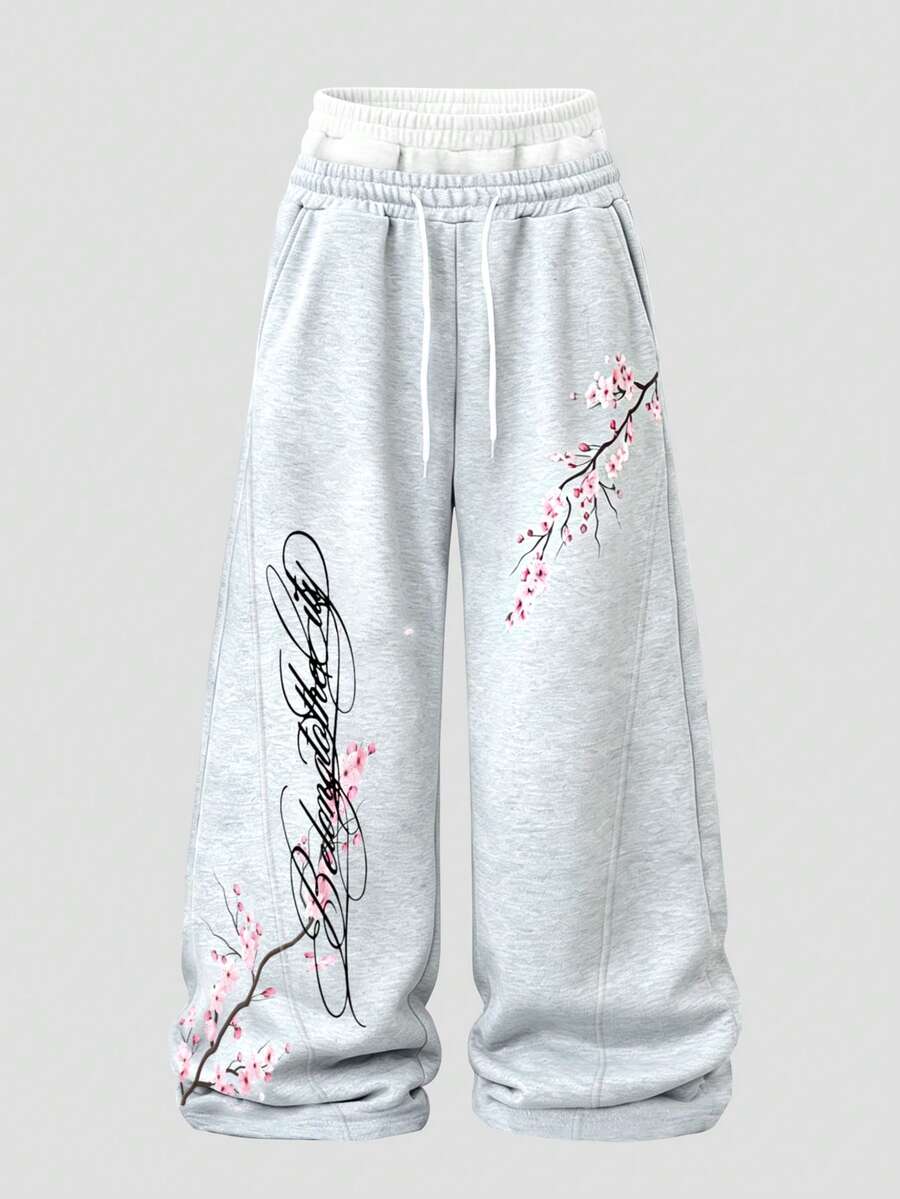 TOKVUE Spring Casual Loose Drawstring Waist Sweatpants With Cherry Blossom Pattern Wide Leg - Multicolor - View 1