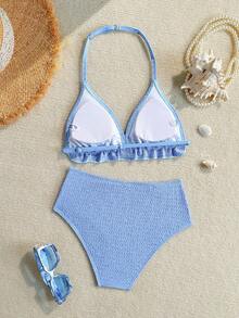 SHEIN Tween Girl Swimwear, Blue Comfortable Knitted Fabric, Swimwear Set, Suitable For Beach, Vacation, Sand, Play, Summer - Blue - View 2