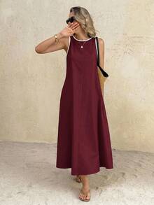 Vestido largo de cuello redondo casual para mujer, adecuado para uso diario y citas - Burdeos - Ver 5
