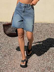 DAZY Jeans larges et amples style cowgirl western délavés, shorts en jean d'été décontracté pour femmes, Jorts Y2K - Bleu azur - Voir 4