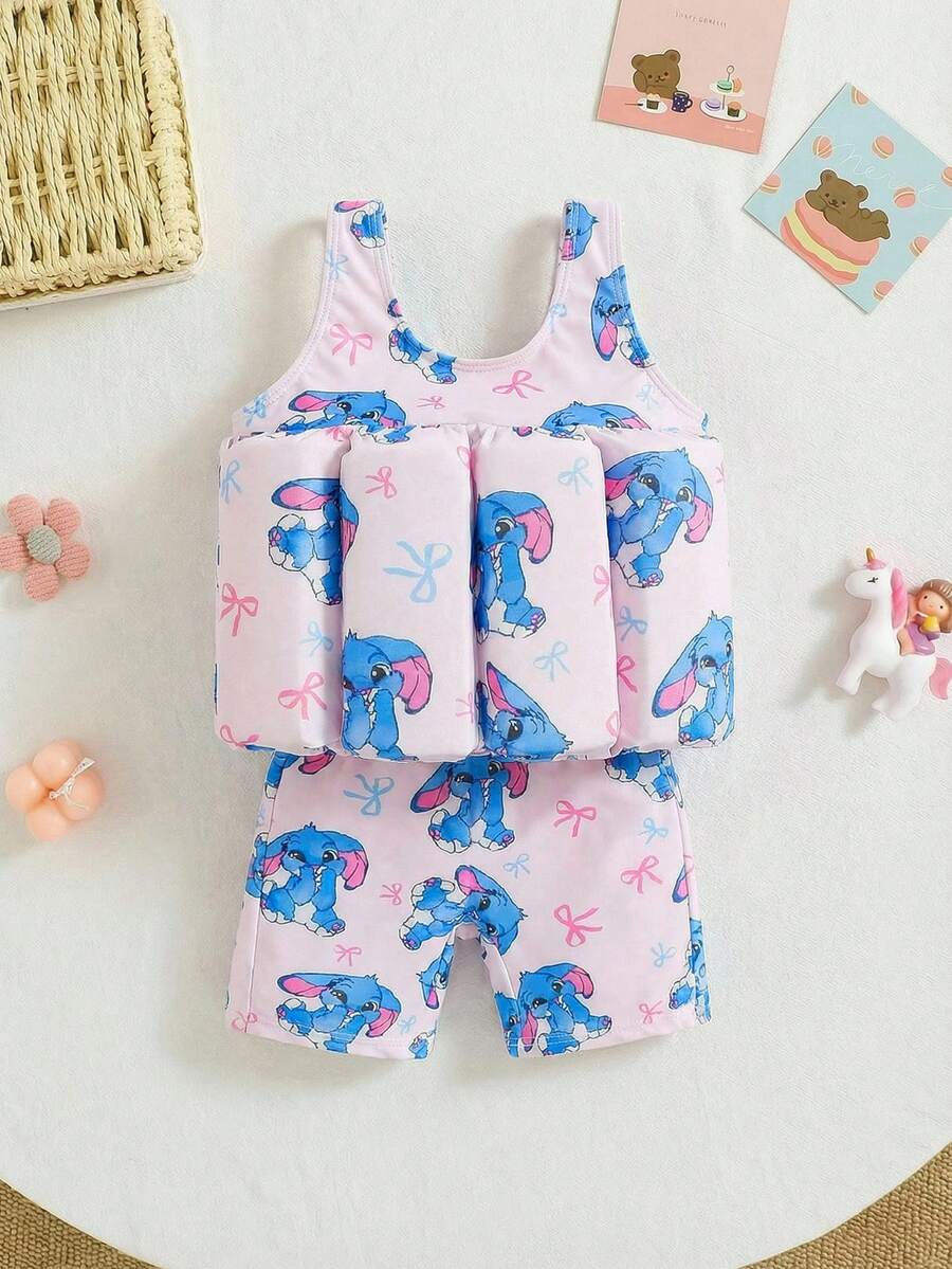 SHEIN 女童针织彩虹独角兽图案无袖连体泳衣 - 白色 - 查看 1