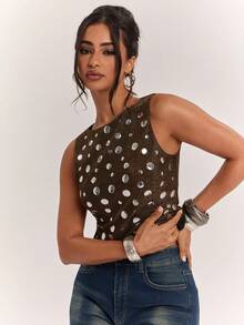 SHEIN BAE Women's Metal Plate Design Crew Neck Fitted Fashion Camisole - Black and Gold - View 4
