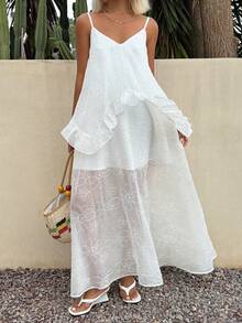DAZY V-Neck Spaghetti Strap Ruffle Hem Dress For Women, Vacation - White - View 3