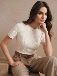 Anewsta Off-White Summer Elegant Daytime High-Density Semi-Transparent Heavily Embellished Fitted Knit Pullover Top Versatile For Autumn Winter Formal Party - White - View 5