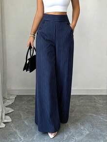 Elenzga Nuevos pantalones de estilo coreano de primavera/verano, de moda minimalista y elegante, de lino a rayas azul y blanco, de cintura alta, estilizadores, de pierna recta holgada y casual para mujeres - Azul Marino - Ver 2