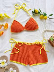 Soleia Spring/Summer Fashion Versatile Halter Neck Knit Top And Casual Knit Shorts Set - Multicolor - View 1