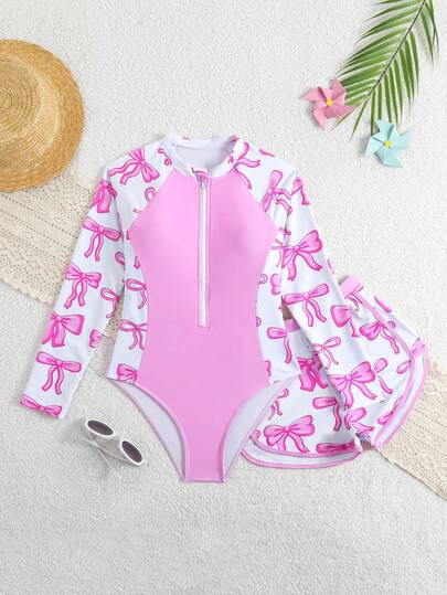 SHEIN Tween Girls' Pink Bow & Floral Print Color Block One-Piece Swimsuit Set, Summer Beach Vacation