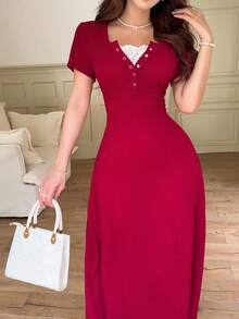 Feyla Women's Contrast Lace Short Sleeve Button Design Elegant Mid-Length Dress - Red - View 3