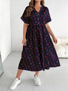 EMERY ROSE Elegant Minimalist Cherry Print Plus Size Women's Short Sleeve Casual Dress, Suitable For Spring And Summer, Navy Blue Dress - Multicolor - View 6