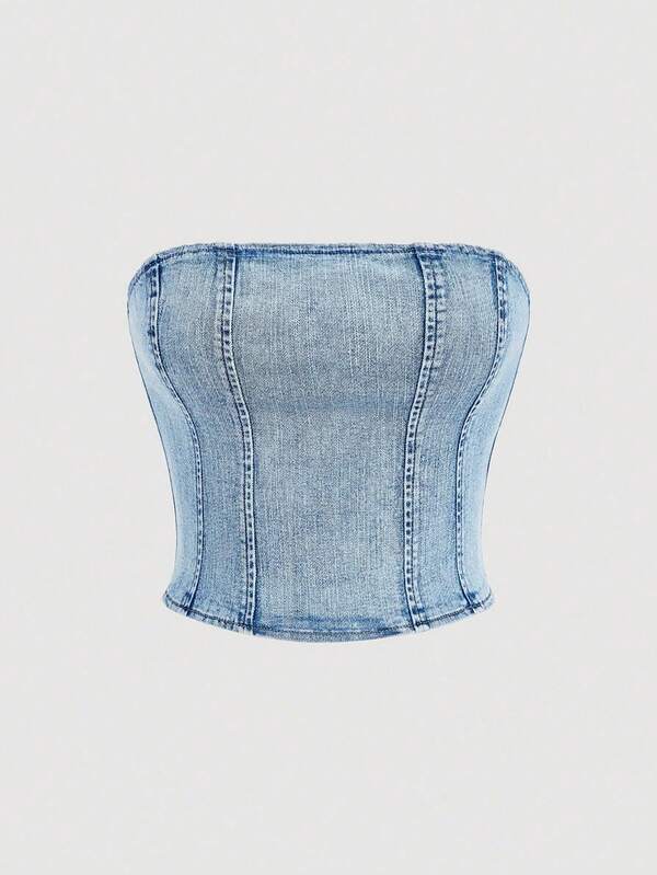 SHEIN MOD Women's Fashionable Versatile Denim Tube Top, Suitable For Dates And Parties