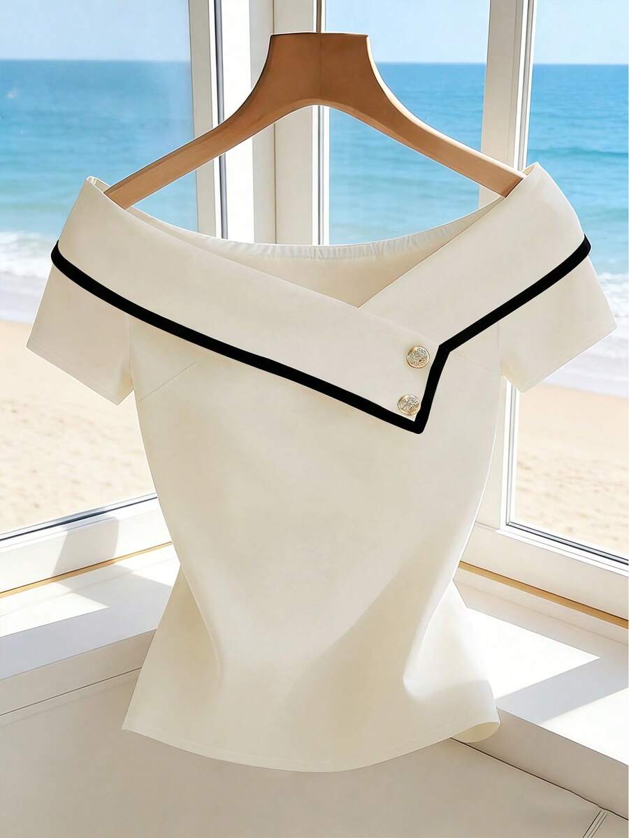 SHEIN Franclia Áo sơ mi nữ màu trơn, áo kiểu trơn, áo trắng mùa hè kiểu Maillard, phù hợp cho sinh viên đại học.