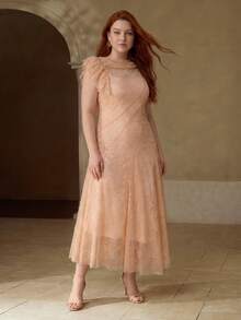 MOTF PREMIUM VESTIDO ELEGANTE DE ENCAJE Y VOLANTES TALLA GRANDE, PRIMAVERA/VERANO - Rosa - Ver 1