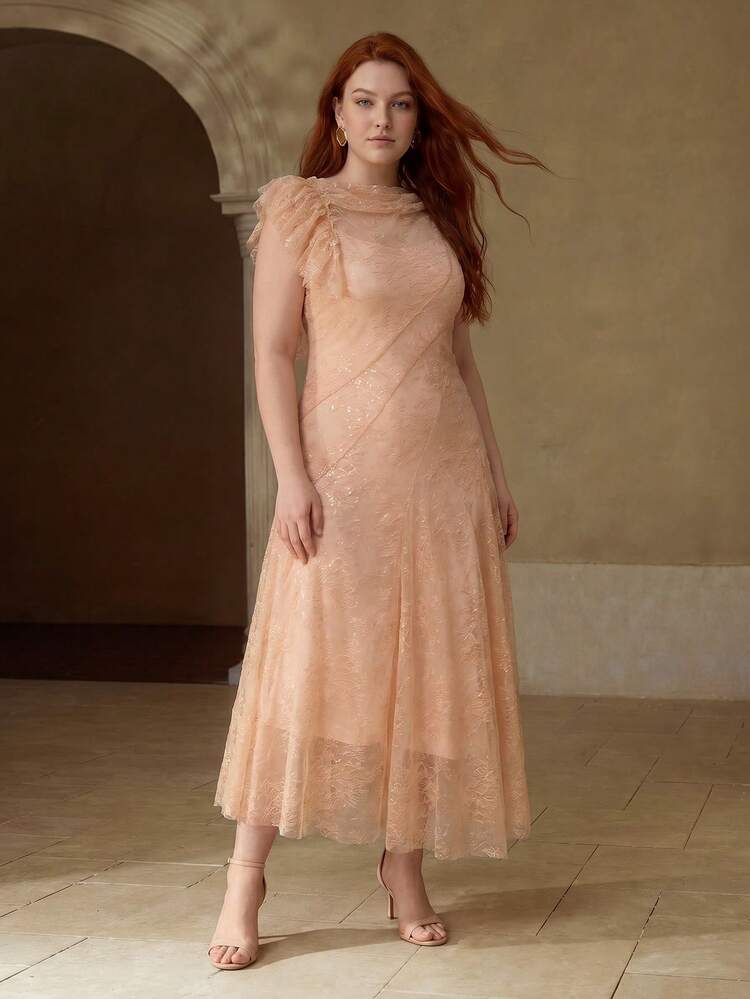 PLUS SIZE ELEGANT LACE RUFFLE TRIM DRESS, SPRING/SUMMER
