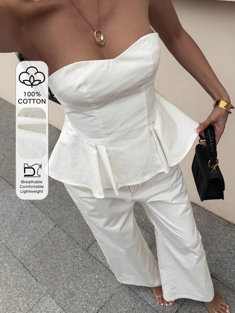 Cotton White Bustier Ruffle Hem Top And Casual Jeans Pants Set, Suitable For Party, Beach, Holiday, Summer