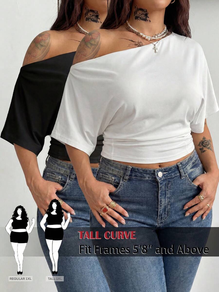 SHEIN Tall CURVE Plus Size Solid Color Minimalist Casual Asymmetric Neck T-Shirt
