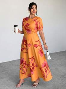 Firerie Spring & Summer Green Tie-Dye Tie Dye Pattern Elegant Maxi Dress With Puff Sleeves, Suitable For Graduation, Renaissance Fair - Orange - View 2