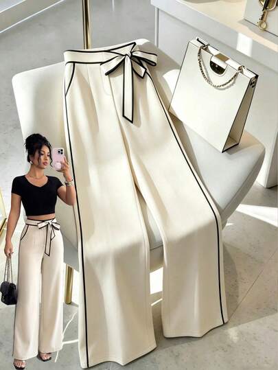GlowEve Women's Elegant Casual Commuting Loose Fit Contrast Color Bow Decor Suit Pants