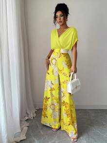 Elenzga Bộ jumpsuit dài in họa tiết, cổ chữ V, dáng rộng, xếp ly, eo, dành cho nữ. - Màu vàng ngỗng - Xem 3