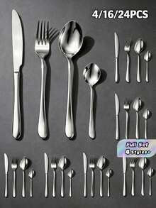 4/16/24pcs Stainless Steel Black 1010 Steak Knife, Fork, Spoon Cutlery Set, For Hotel, Restaurant, Home Dining - Silver - View 1