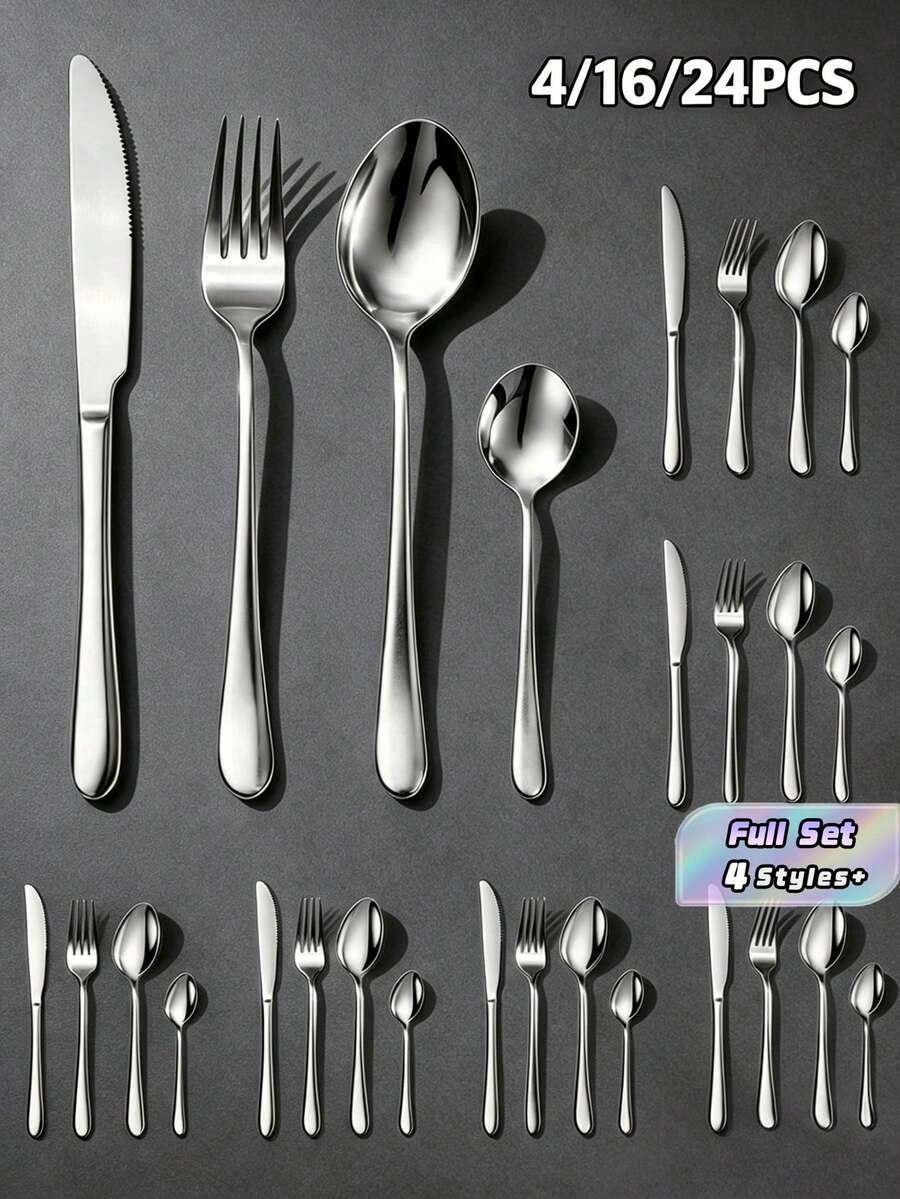 4/16/24pcs Stainless Steel Black 1010 Steak Knife, Fork, Spoon Cutlery Set, For Hotel, Restaurant, Home Dining - Silver - View 1