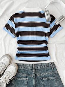 SHEIN Parte superior corta ajustada de punto de color contrastante con pequeño logotipo bordado, cuello azul marino y blanco, adecuada para uso diario, estilo callejero, salidas, hogar, vacaciones, picnic, granja, homecoming, primavera y verano para niña preadolescente - Multicolor - View 2