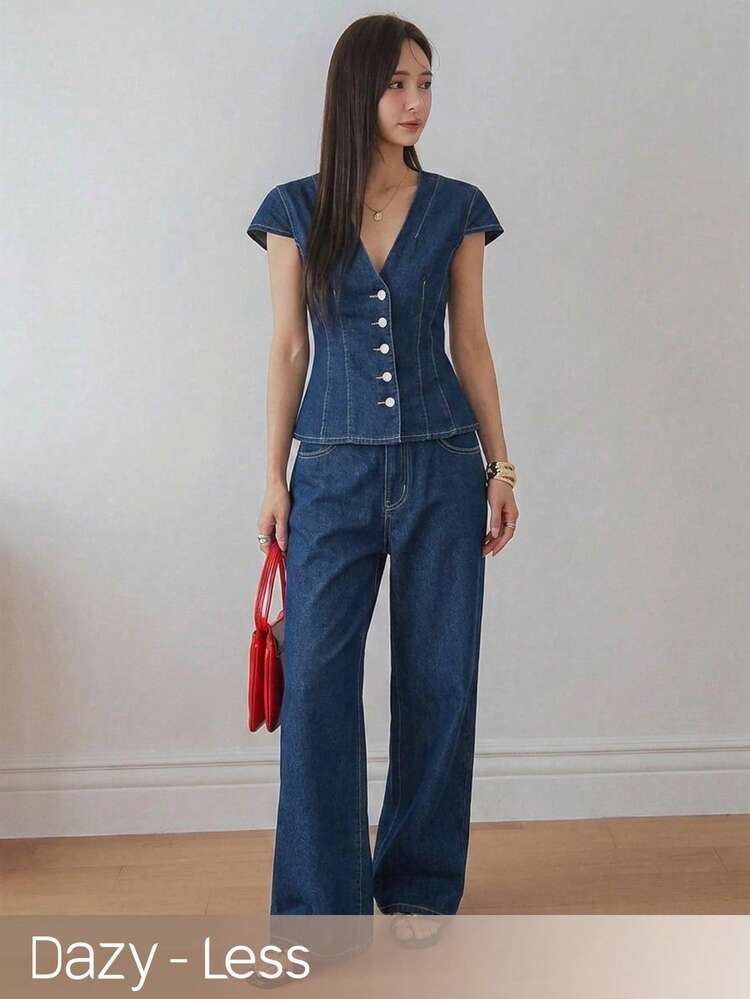 Women's V-Neck Fitted Waist Loose Casual Jeans Suit, Suitable For Spring And Summer, Commuting And Light Business Wear