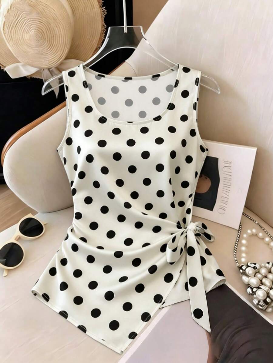 SHEIN Franclia Áo hai dây nữ chấm bi thiết kế bất đối xứng thắt nơ, thích hợp cho mùa hè. - Màu be - Xem 1
