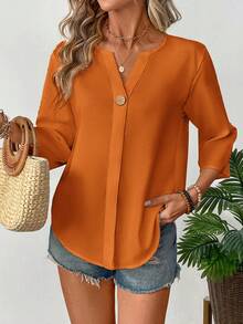 Balvessa Áo cánh trơn màu đơn giản cổ chữ V tay 3/4 dành cho nữ khi đi làm - trái cam - Xem 6