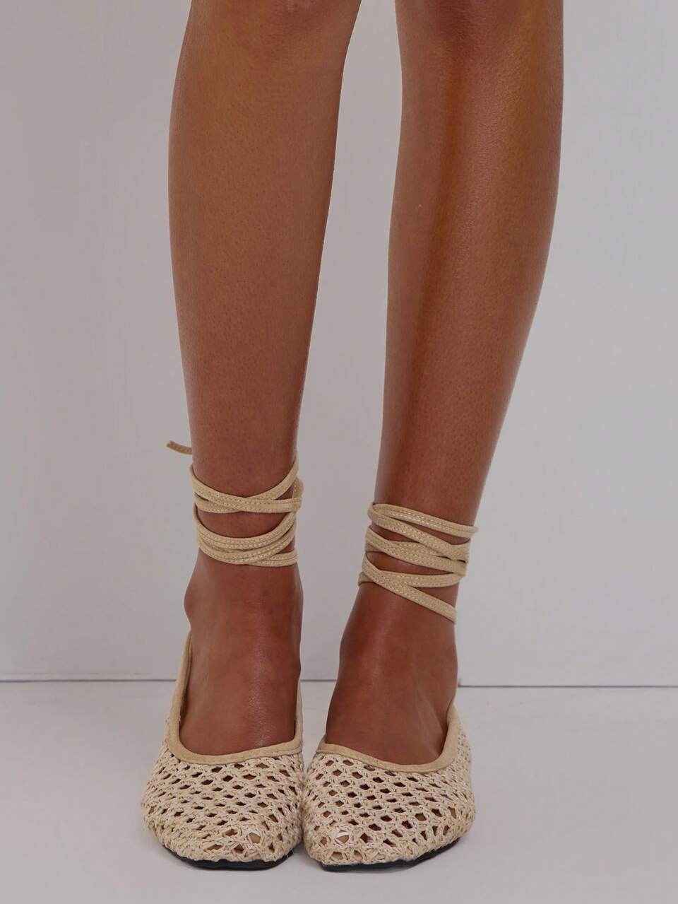 Beige Hollow Out Square Toe Flat Shoes With Wrap Around Ankle Tie Ribbons