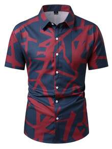Manfinity Homme Men's Color Block Single-Breasted Casual Versatile Daily Wear Short Sleeve Shirt - Multicolor - View 3