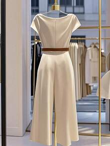 Franclia Monos elegantes de moda para mujer con volantes y pernera ancha de unicolor - Albaricoque - Ver 2