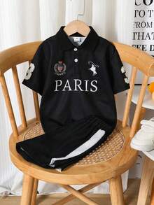SHEIN 男童印花Polo衫+配套短裤两件套，百搭舒适，适合日常穿着、户外活动、旅行、上学、春夏穿着。 - 黑色 - 查看 3