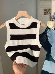 Top tejido crop con patrón de rayas para uso casual  para mujeres - Blanco y Negro - Ver 13