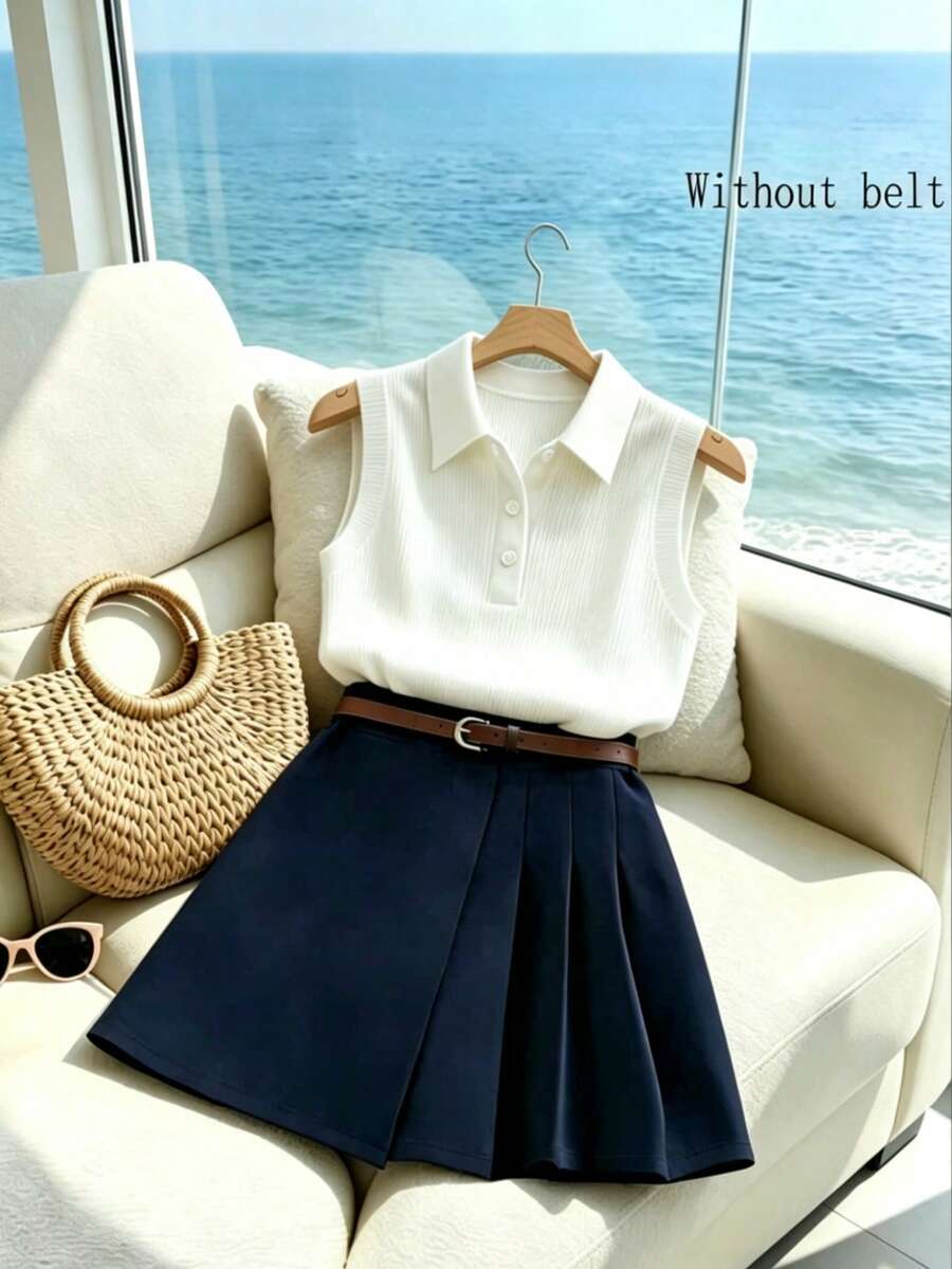 Franclia Women's Summer Casual Basic/Commute Golf Solid Color Pleated Camisole And Skirt 2 Pieces Set Back-To-School White - Navy Blue - View 1