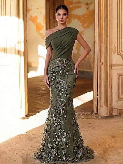 Aureia Elegant Military Green Stretchy Knit Asymmetric Pleated Splice Luxury 3D Beaded Sequin Mermaid Tail Hem Dress, Suitable For Dates, Weddings, Formal Events, Bachelorette Parties, Women's Evening Gown