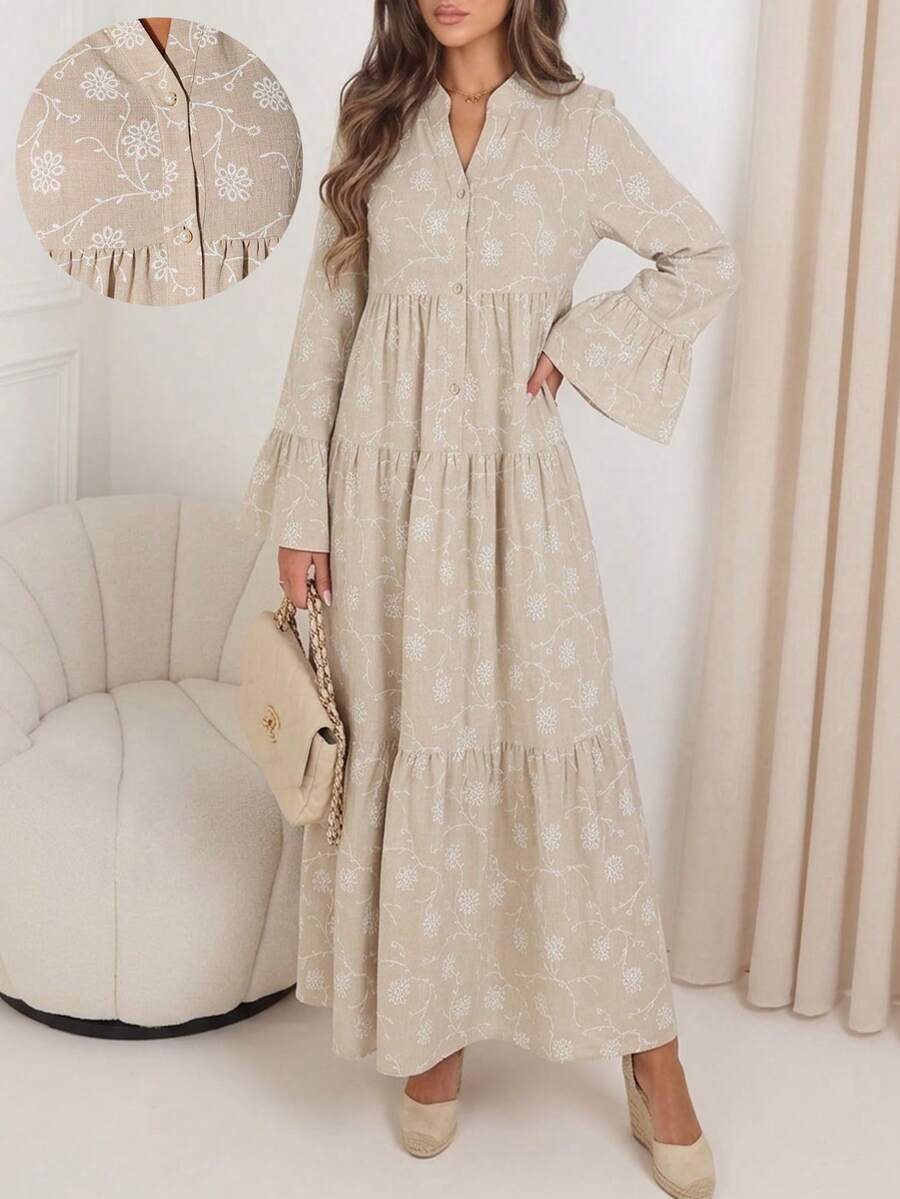 Veilorie Vestido largo con mangas abombadas y volantes en el bajo, elegante y holgado para mujer, para el verano