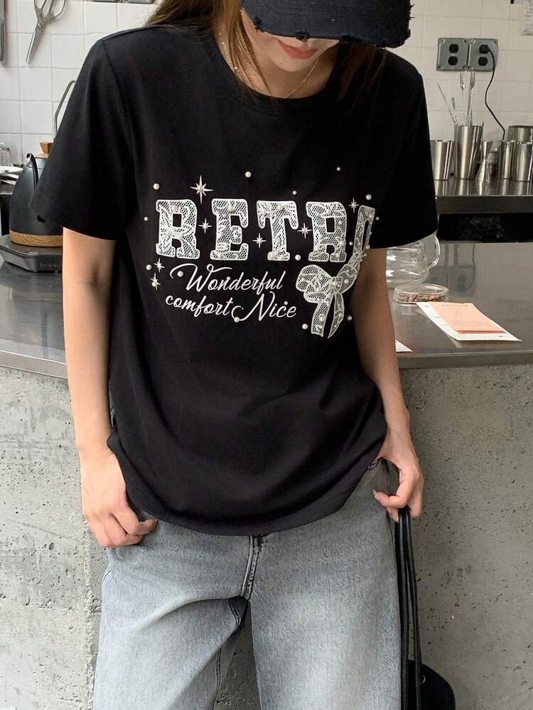 Women's Summer Round Neck Short Sleeve Letter Print Pearl Decor Casual Pullover T-Shirt