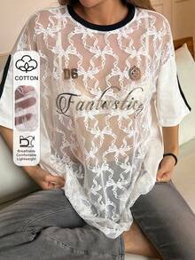 DAZY T-shirt décontracté imprimé en tissu semi-transparent, à manches courtes, col rond, avec patchwork de couleurs contrastées et lâche pour femmes - Blanc - Voir 1