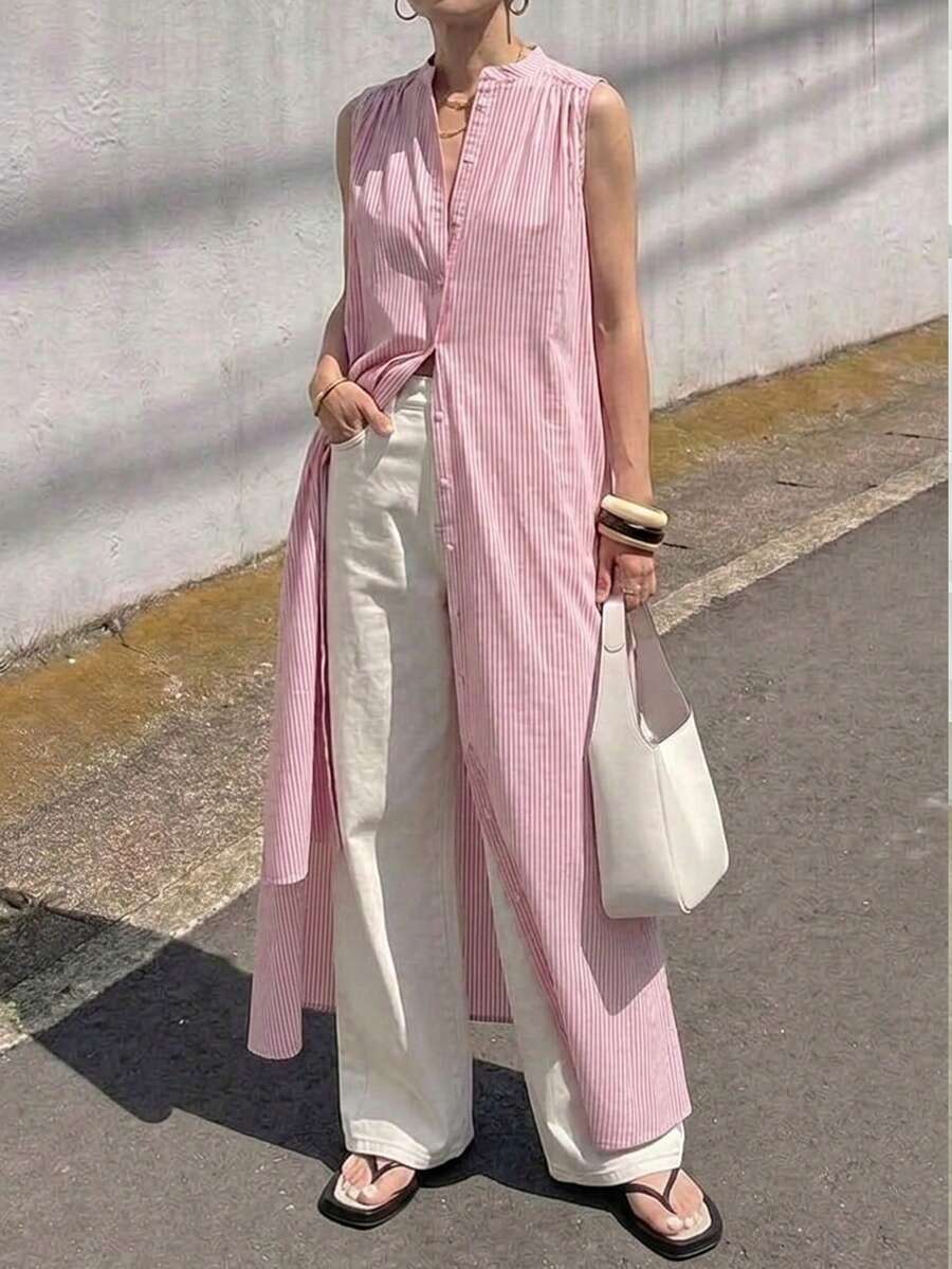 FRIFUL Vestido camisero de cuello redondo y sin mangas con rayas para mujeres de mediana edad y mayores - Rosa Pálido - Ver 1