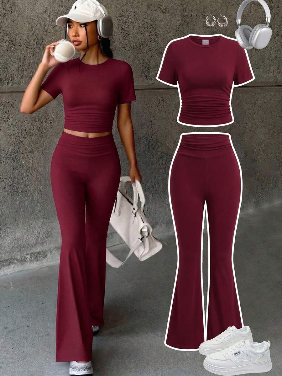 Teen Girl Spring Summer Streetwear Holiday Ruched Short Sleeve Round Neck T-Shirt & Waist Ruched Flare Pants 2-Piece Set,Daily School Basic Pant Suit - Burgundy - View 1